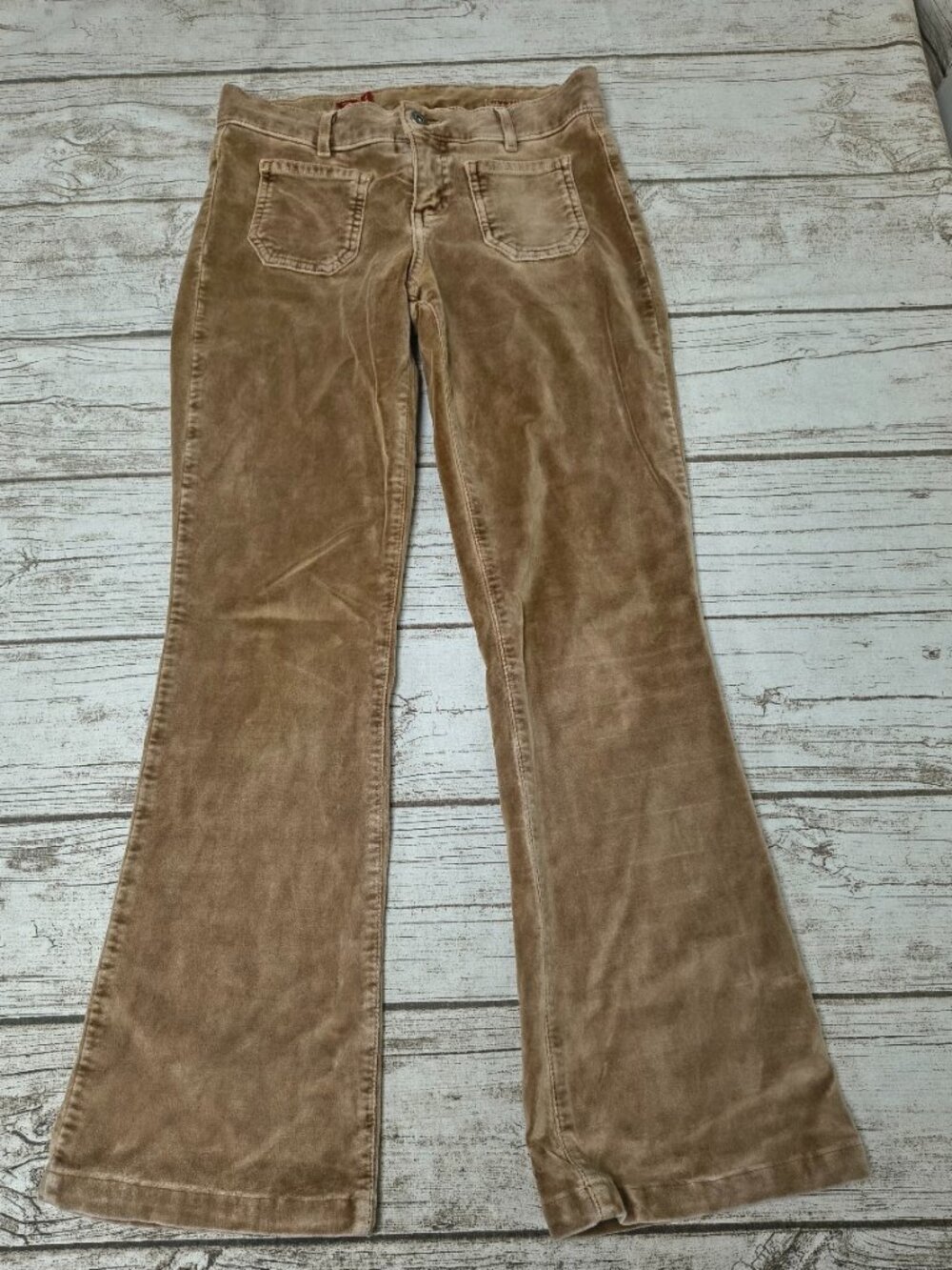 Vintage Y2K Guess Tan Velour Stretch Flare Leg Pants Size 24